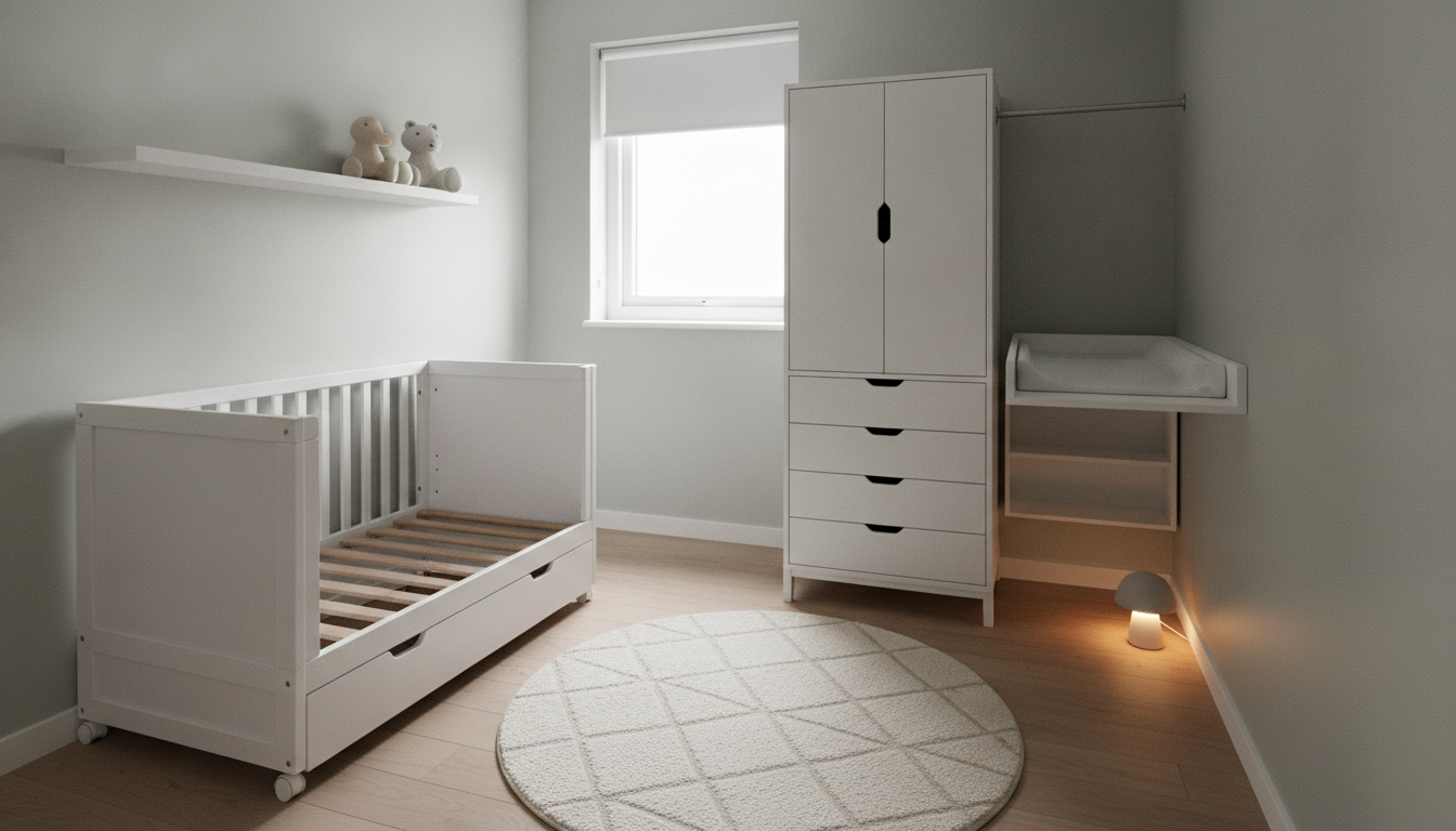 AI nursery design generator result: a small box room nursery in pale sage and white, with a white cot on castors and a deep storage drawer beneath it, a two door wardrobe with four drawers under it, a wall hung changing shelf, a floating shelf with two plush toys, a small round rug and a high window with a roller blind. This is a genuinely useful picture of how tight an eight foot room is, and almost every fixing in it is fictional. The cot has no mattress, only bare slats, and one long side has no rail at all — it simply stops, which is not a cot, it is a cot missing the part that matters. The changing unit on the right is cantilevered off the wall with nothing under half its length. The hanging rail that was asked for inside the wardrobe has been mounted on the open wall beside it instead, floating, with its far end attached to nothing. The wardrobe stands on legs at the front and directly on the floor at the back, and its drawer pulls sit at four slightly different offsets. There is not one receptacle anywhere in the room, and the night light glowing at the skirting board on the right is plugged into nothing.