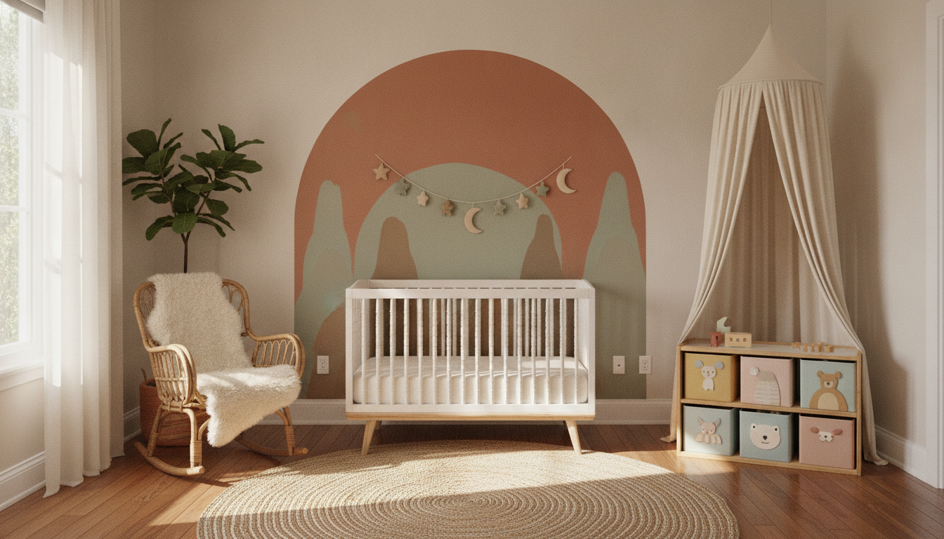 AI nursery design generator result: a nursery with a painted terracotta arch and sage hill mural on the feature wall, a white spindle crib with a bare fitted sheet centred beneath it, a rattan rocker with a sheepskin throw, a jute rug, a fabric canopy in the far corner and a six cube toy shelf with animal print bins. The best composed image in the set and the one whose mistakes are safety mistakes rather than drawing mistakes. The felt garland has been hung directly above the crib rather than out of reach as asked, which is where nothing soft or stringy belongs. The crib spindles are visibly wider apart at the left end than the right, and the crib stands on two splayed legs set at different distances from its corners. The canopy hangs from a bare cord with no ceiling plate or hook drawn at all. The sheer curtain on the left has no rod, no track and no blackout lining, so the one thing that makes a nursery sleep in daylight is decoration here. Of the receptacles on the mural wall, one is a single and one is a double, and they sit at different heights.