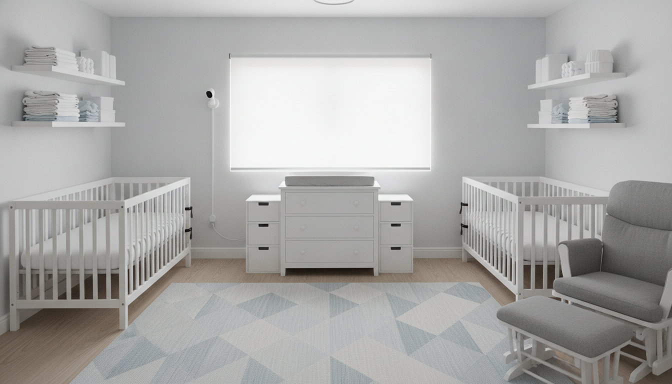 AI nursery design generator result: a symmetrical twin nursery in white and pale blue grey, with a crib on each side wall, a shared changing dresser centred under a roller blind, matched shelves above each crib, a grey glider and ottoman on the right and a large geometric rug. Symmetry is what this layout is for and symmetry is what it failed. The two cribs are not the same crib: the spindles are spaced differently, the top rails have different profiles and one mattress sits visibly higher and thicker than the other, when the whole request was two mattresses at one matched height. The shelves above each crib are at different heights and different lengths left to right. The changing dresser is three separate carcasses fused into one, with the side towers finishing below the centre top and round knobs on the middle drawers against recessed pulls on the outer ones. The wall mounted monitor has a cable that runs down the wall, loops, and ends in mid-air connected to nothing, and no receptacle exists anywhere in the room. The black anti-tip straps have been drawn on the cribs, hanging free, rather than on the dresser that actually tips.