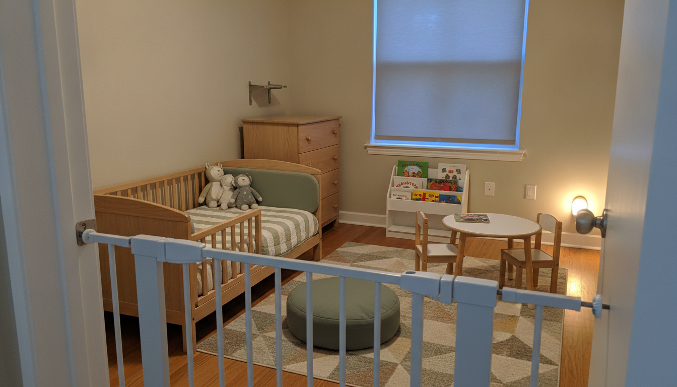 AI nursery design generator result: a nursery converted for a toddler at dusk, with the crib rebuilt low, a padded rail, plush toys on the bed, an oak chest of drawers, a front facing picture book display, a round play table with two chairs, a green floor cushion, a harlequin rug and a safety gate in the doorway in the foreground. This is the most photographic frame and the one with the worst text leak: every book on the display carries garbled invented lettering on its cover and spine, and so does the book left on the table. The bed is the giveaway on geometry — the mattress rides up over the rail at the head and merges into a padded bolster, so it reads as a small sofa rather than a converted cot, and the slatted side rail stops short of the foot panel. Above the dresser there is a chrome shelf bracket screwed to the wall holding no shelf, which is where the anti-tip fixing was asked for. The two receptacles by the bookcase are open and uncovered in a toddler room where socket covers were specified. The two chairs at the table are not a pair, and the gate is fitted where the inward opening door would swing into it.