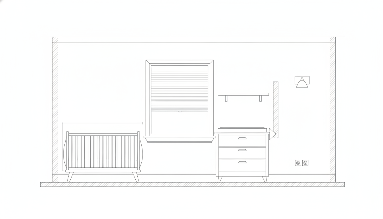 AI nursery design generator result: a flat line elevation of one nursery wall, showing the floor and ceiling lines, a crib against the left wall, a sash window with a lowered blind, a chest of drawers with a changing surface, a wall shelf above it, a sconce, two socket symbols and a hatched floor build up. This is the drawing worth taking to a joiner and the one that proves the model does not know what a symbol means. The single most important relationship on the wall is right: the window sill is drawn clearly above the crib rail, which is the check that keeps a cot away from a sill and a blind. Then it invents notation. There is a dimension line with arrowheads running from the left wall to a point in the middle of the window, measuring nothing in particular and carrying no figure. The anti-tip fixing has become a tall floating bar and a large arrow pointing at the dresser, touching neither the dresser nor the wall. The wall shelf is held up by two stub brackets that stop short of the wall. The two sockets are drawn as round continental outlets, side by side, well above the skirting line the rest of the drawing sets.