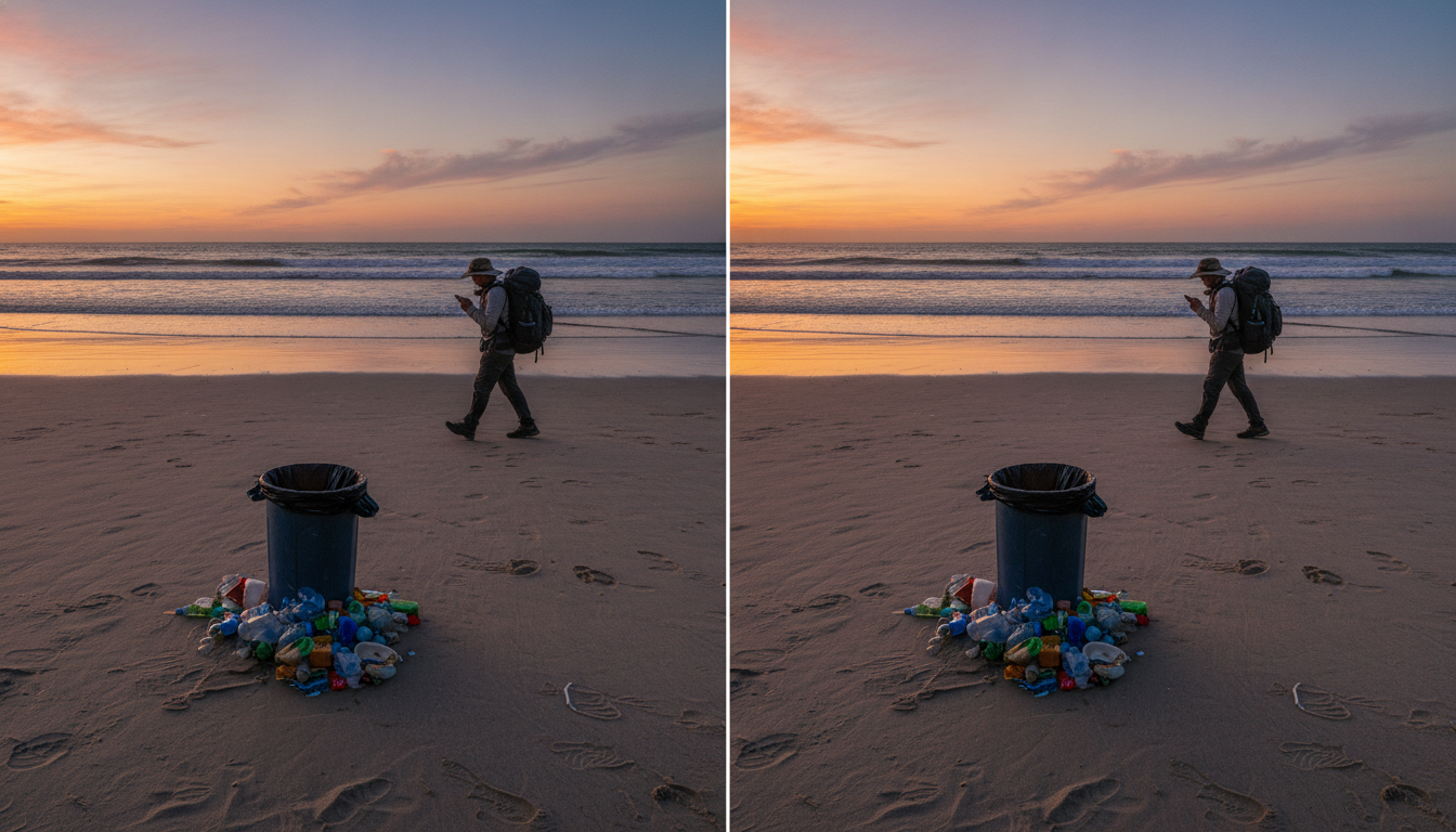 Before and after beach sunset photo with a trash bin and a stray tourist erased by an AI object remover, sand and sky seamlessly rebuilt