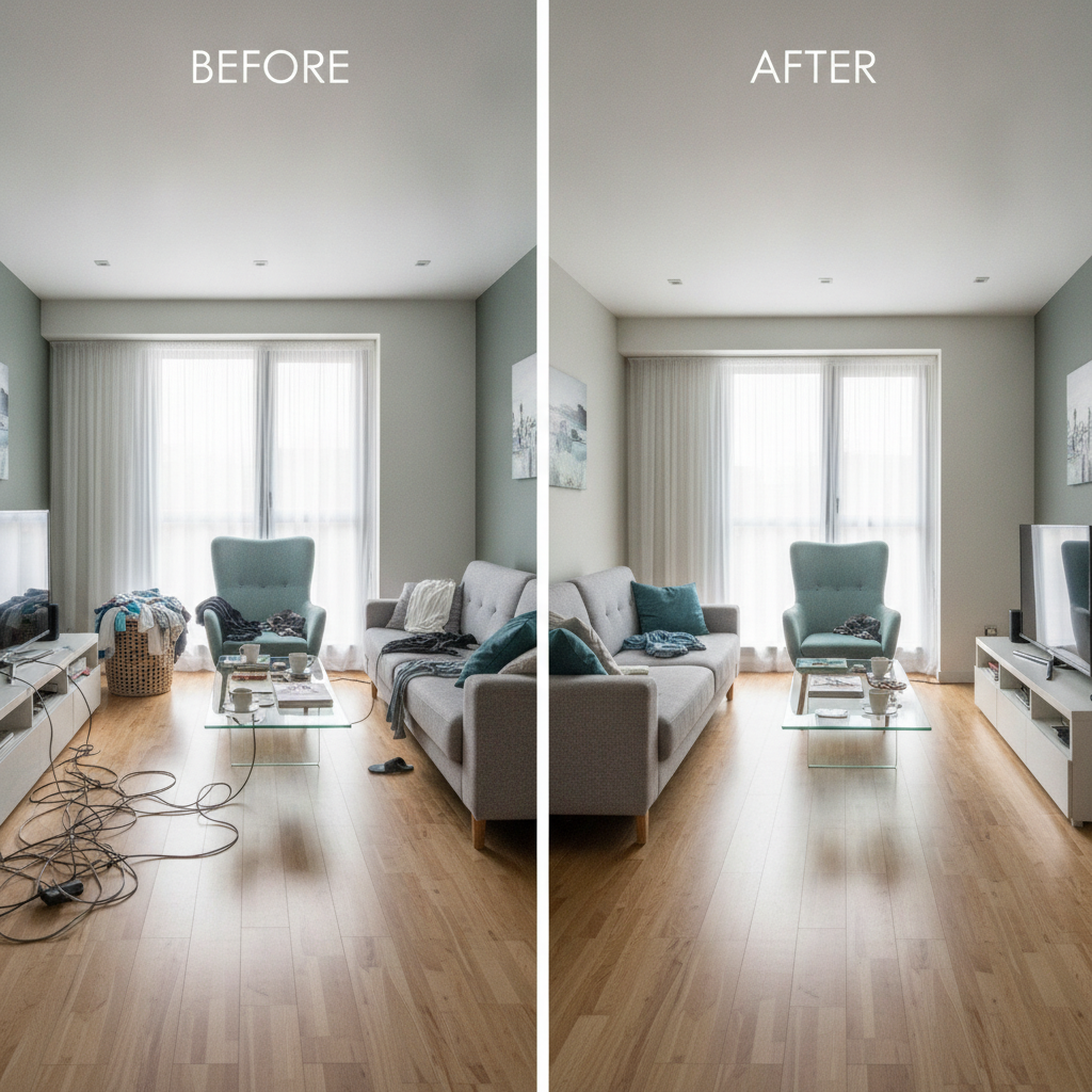 Living room interior before and after an AI object remover erased cables, clutter and a laundry basket with the floor texture reconstructed