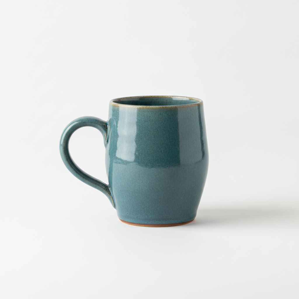 Ceramic coffee mug product photo with the price tag and display stand removed, leaving a clean seamless white studio background
