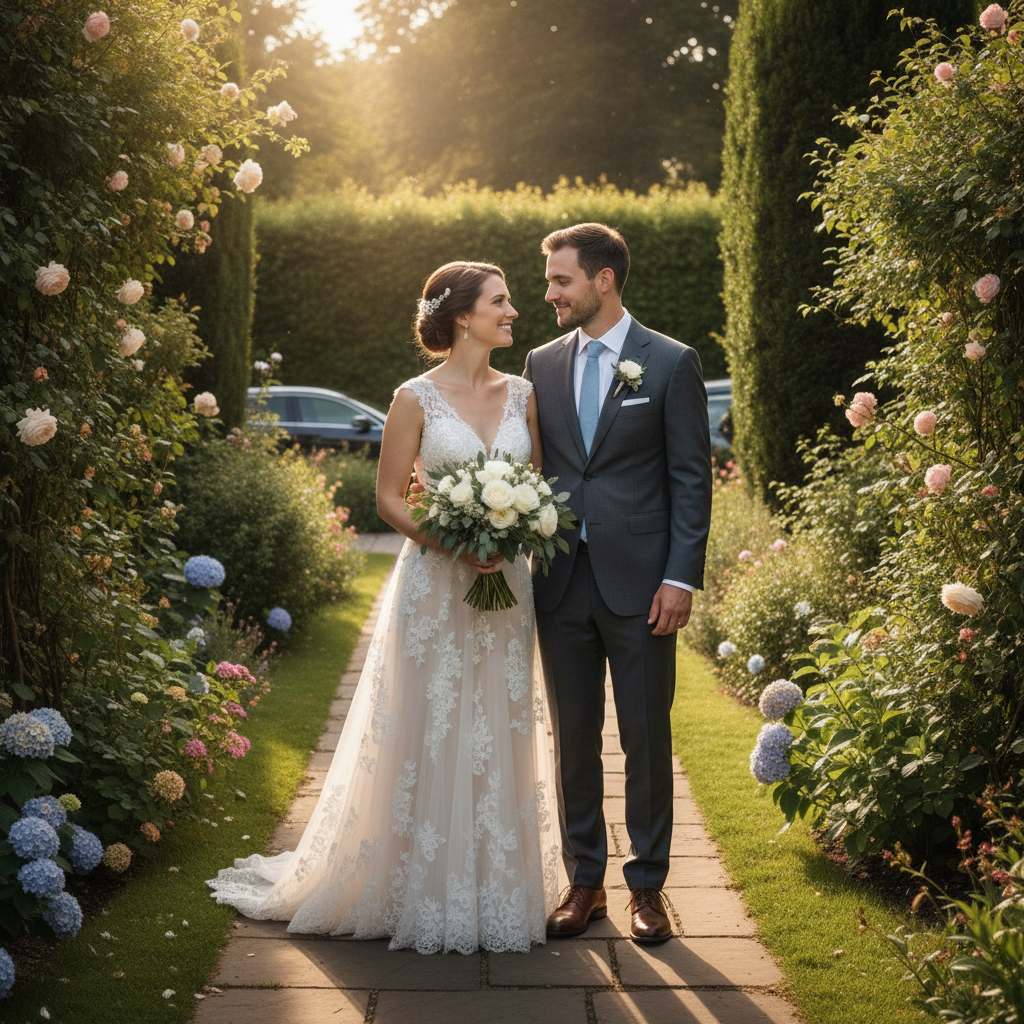 Wedding couple garden portrait with background photobombers and a parked car removed and the foliage rebuilt behind them