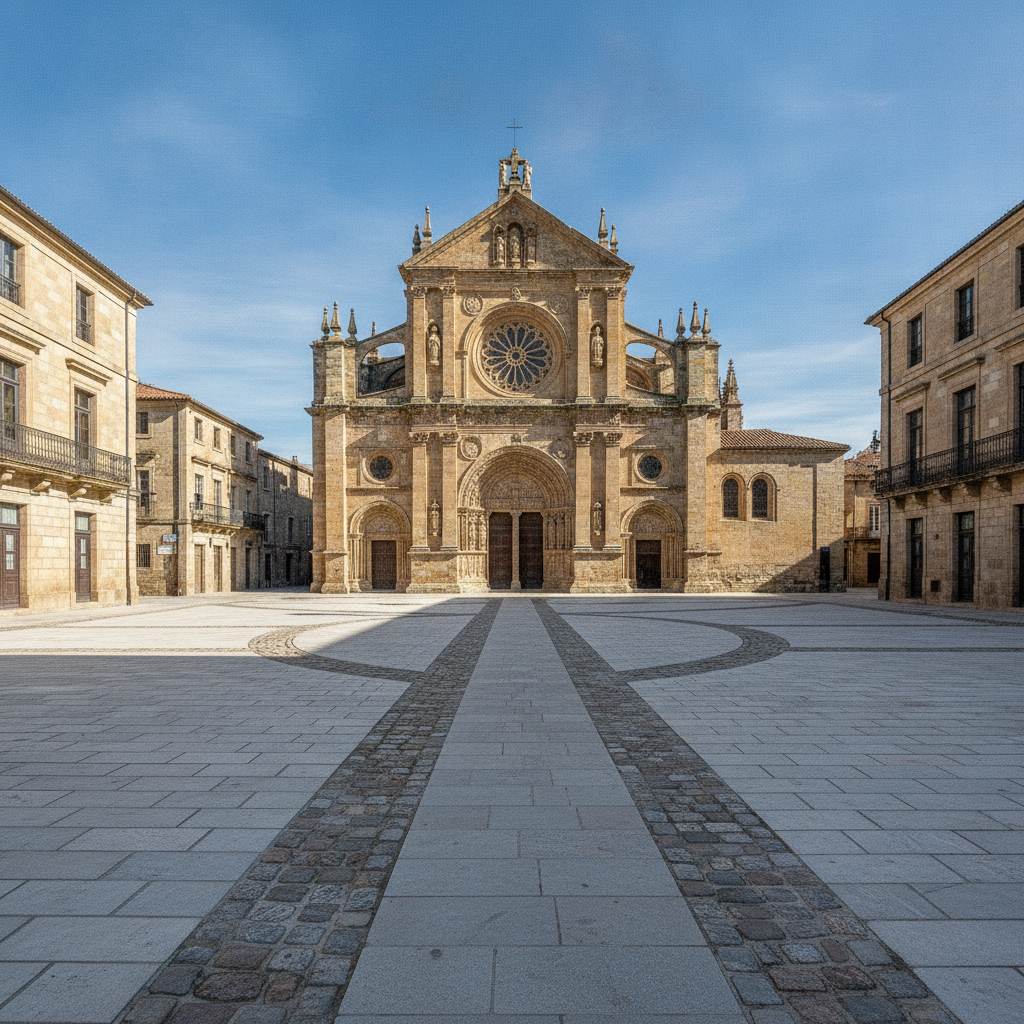Cathedral travel photo with tourists, cars and construction barriers erased, showing an empty plaza with reconstructed cobblestones