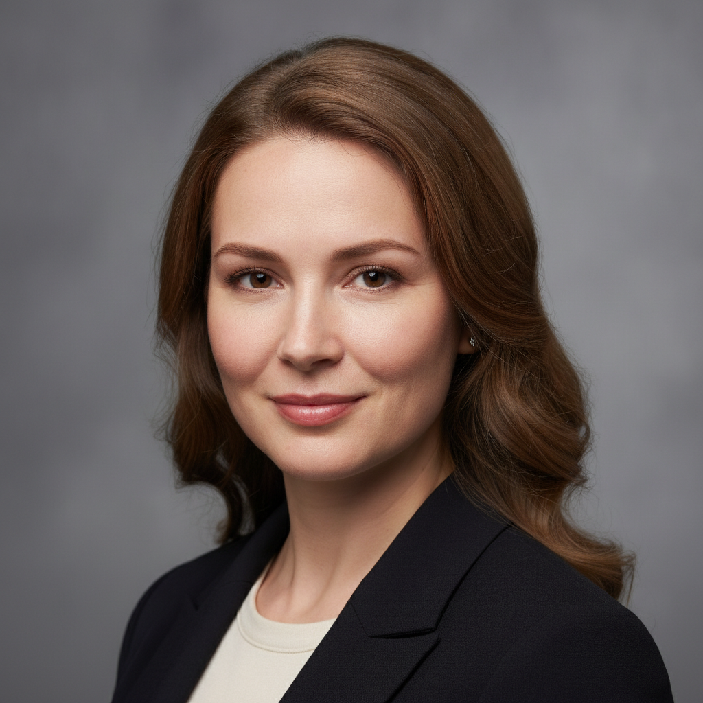 Close-up headshot retouched with an AI object remover to erase a distracting neck lanyard and stray hairs while keeping natural skin texture