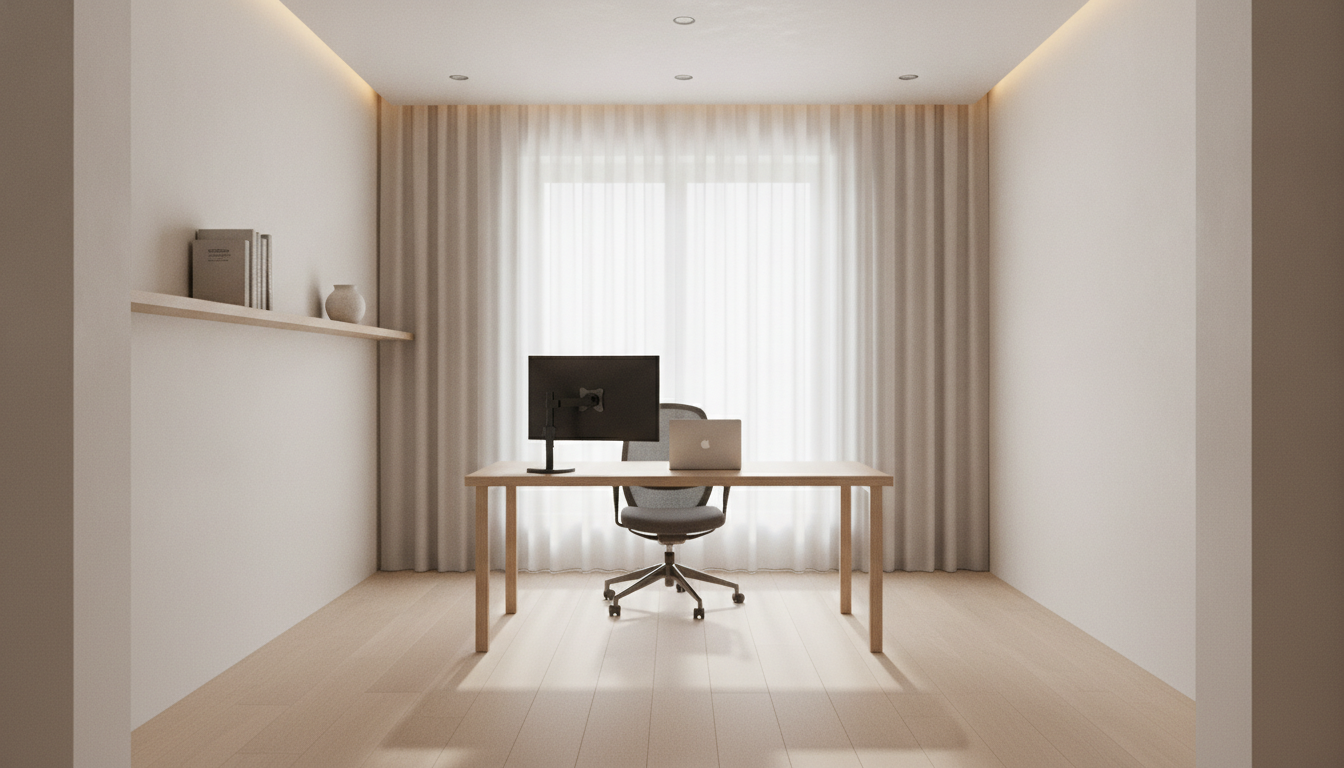 AI office design generator result in a modern minimalist style: off-white plaster walls, a wide pale oak floor, a slim oak desk with a black monitor arm, a charcoal mesh task chair, a long floating oak shelf and floor-length sheer curtains