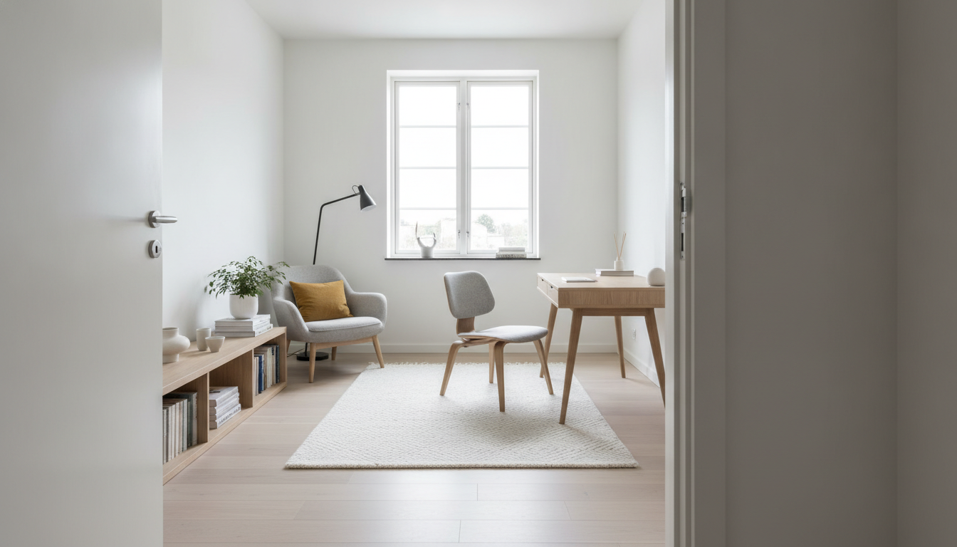 Scandinavian home office generated by AI: crisp white walls, pale blonde floorboards, a light oak desk beside the window, a grey armchair with a mustard cushion, a low oak bookshelf, a soft cream wool rug and a slim black floor lamp