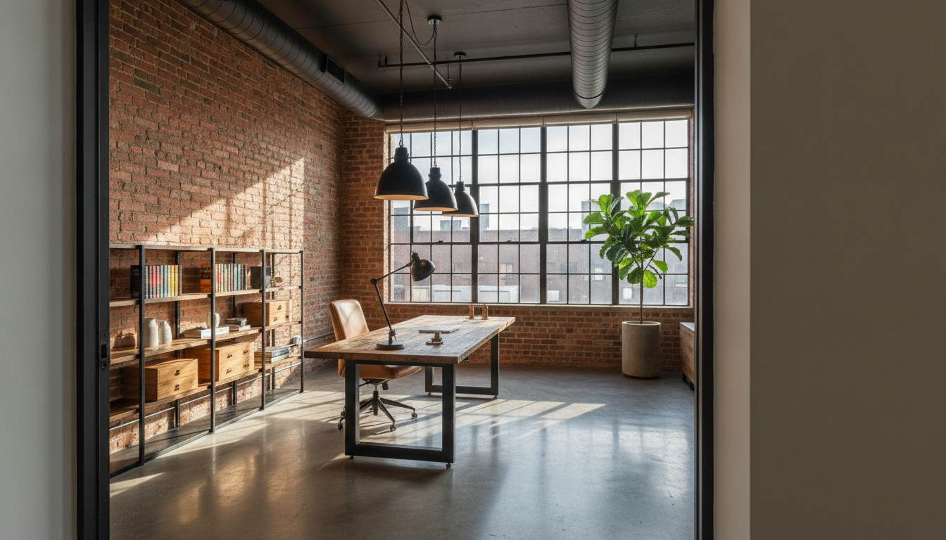 Industrial loft office from the AI office design generator: exposed red brick, a polished concrete floor, black Crittall windows, a reclaimed timber desk on a blackened steel frame, a tan leather chair and three black dome pendant lights