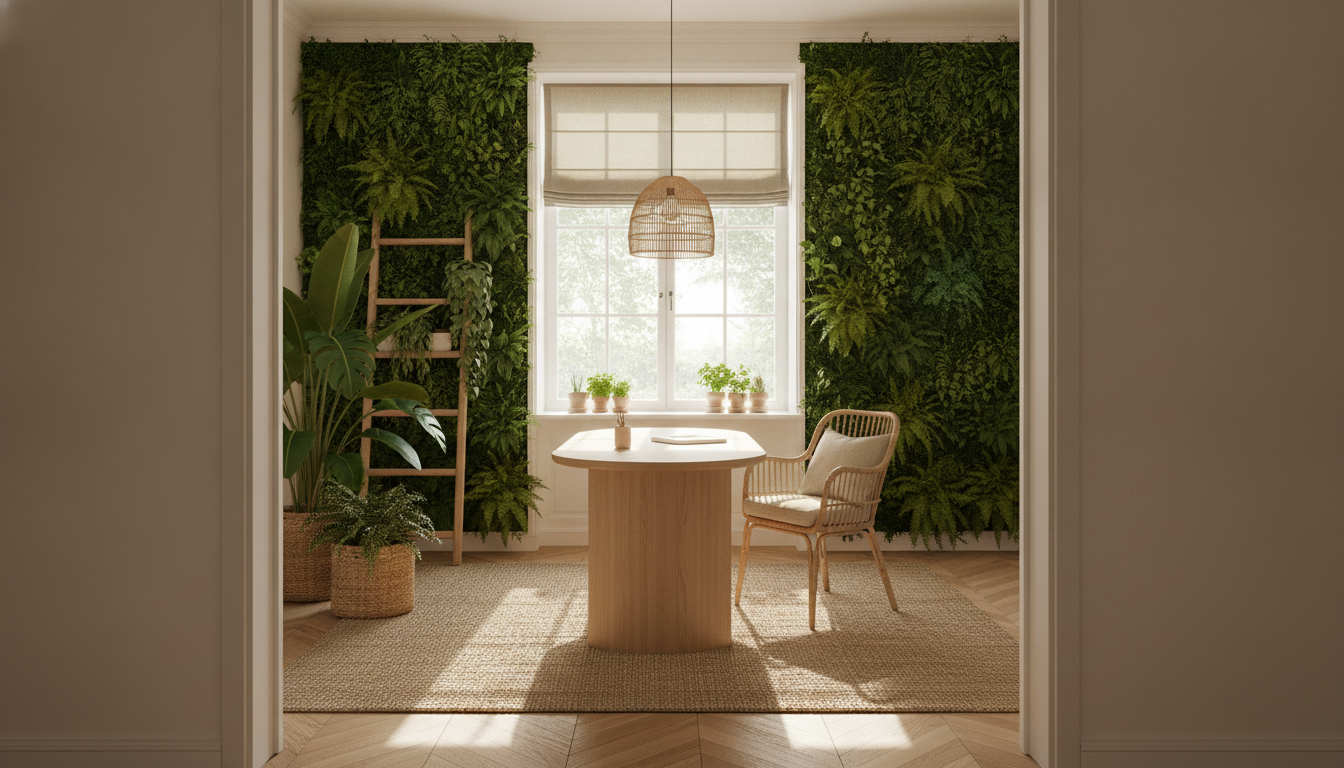 Biophilic office designed with AI: two full-height living plant walls of ferns and pothos framing the window, a rounded pale oak desk, a woven rattan chair, a jute rug over herringbone oak and a rattan pendant light