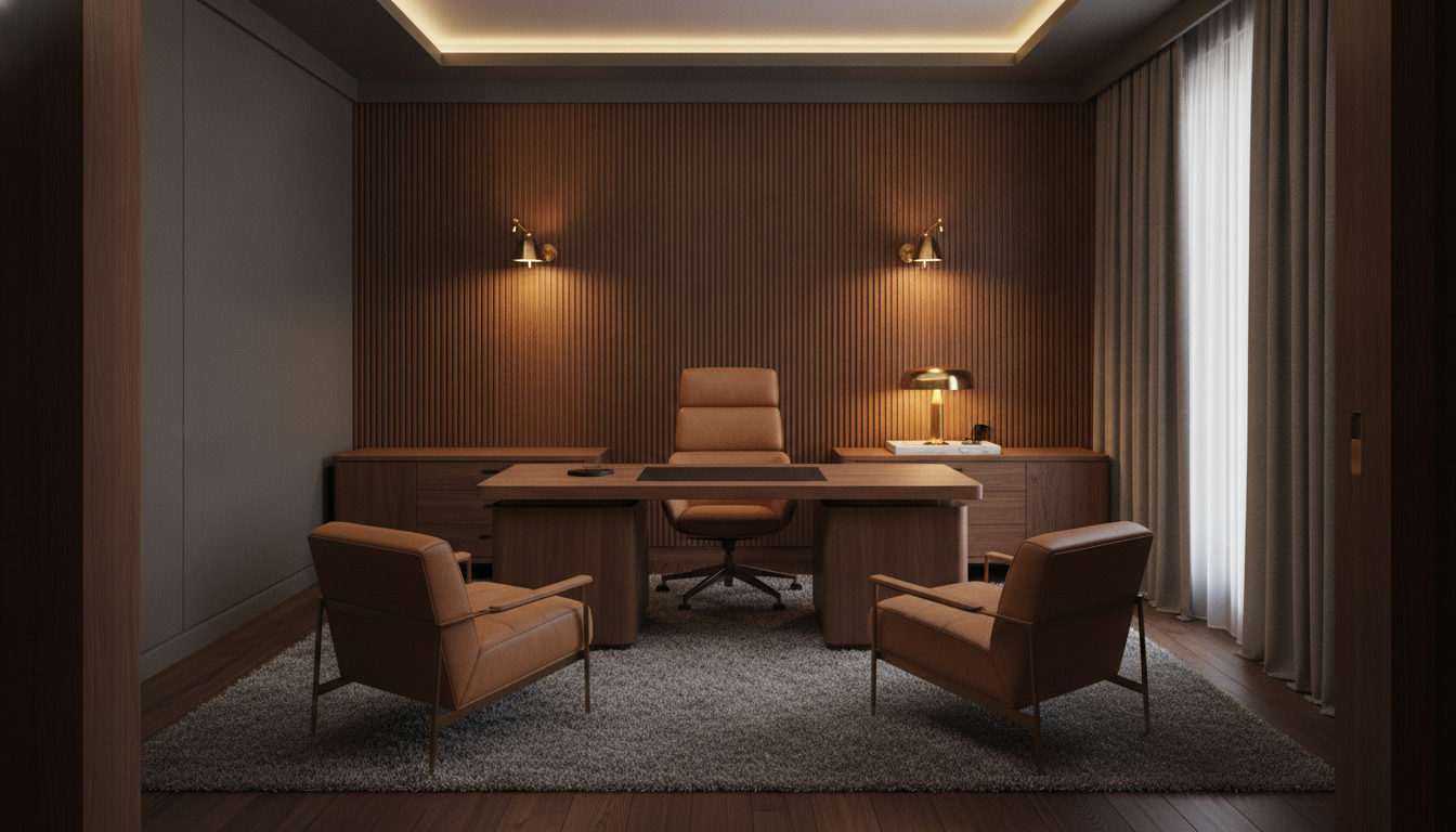 Executive office created by the AI office design generator: a fluted walnut panelled wall, brass swing-arm sconces, a wide walnut desk with a black leather pad, a tan leather high-back chair, two leather armchairs and a thick grey rug