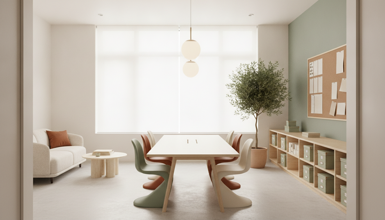 Creative studio office generated by AI: a soft sage green wall with a large cork pinboard, a pale birch communal worktable with sage, rust and cream moulded chairs, a cream boucle sofa, an olive tree and birch storage cubbies