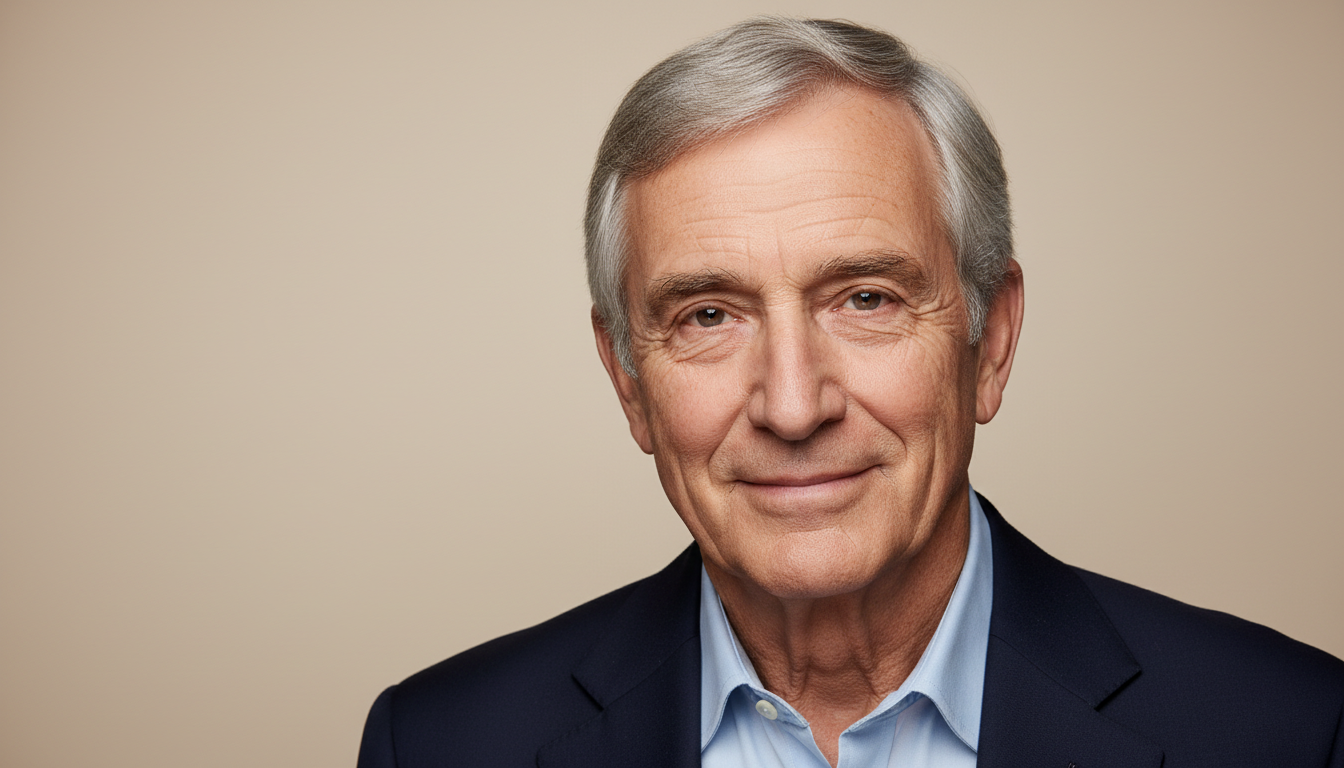 Realistic AI old age portrait of a distinguished man in his late 60s with silver hair and a warm smile, made by the AI old age generator