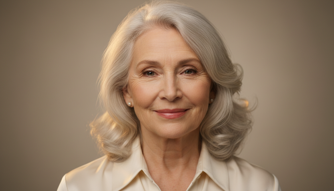 Realistic AI aging photo of an elegant woman in her 70s with silver hair and gentle wrinkles, aged gracefully by the AI old age generator