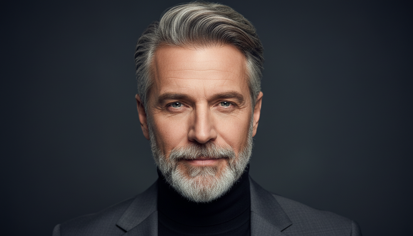 AI old age generator result showing a confident silver-fox man in his 50s with salt-and-pepper hair and beard