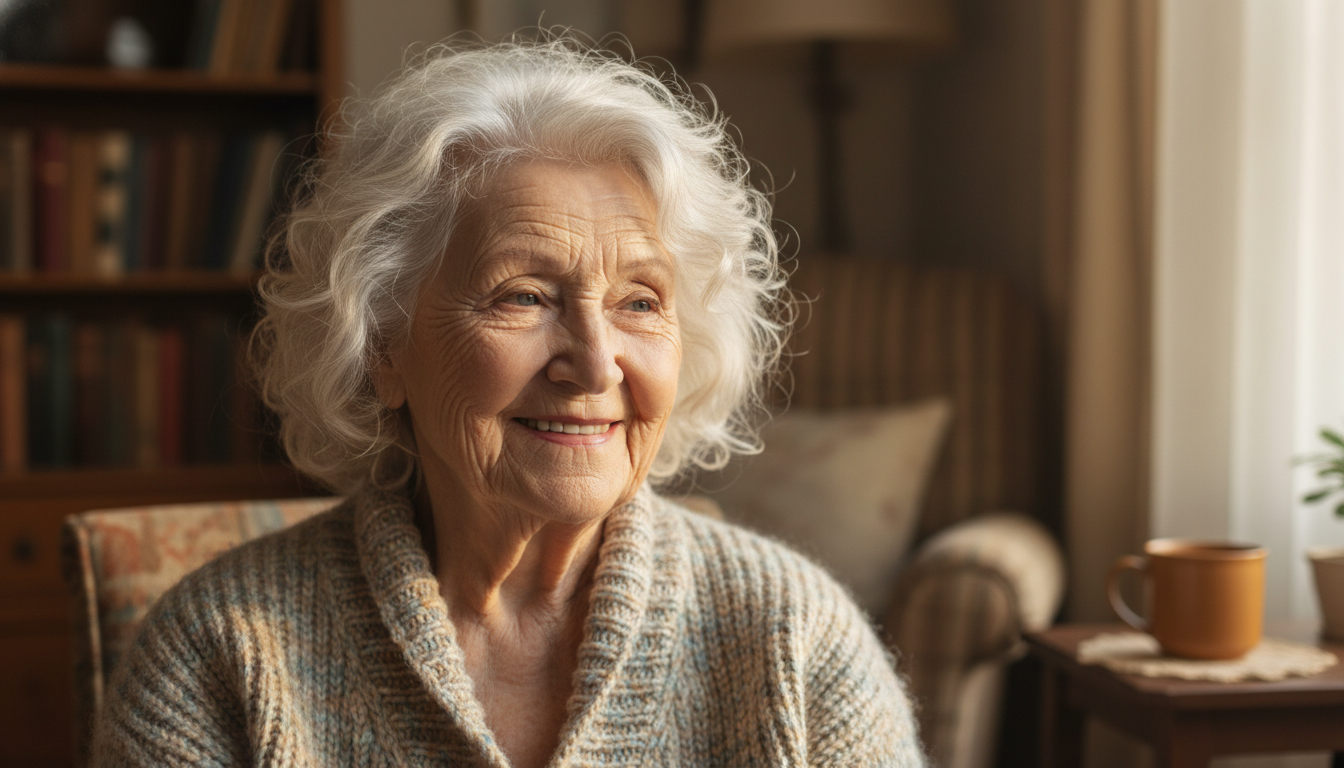 Warm AI future-self portrait of a grandmother in her late 70s with soft white curls and a loving smile