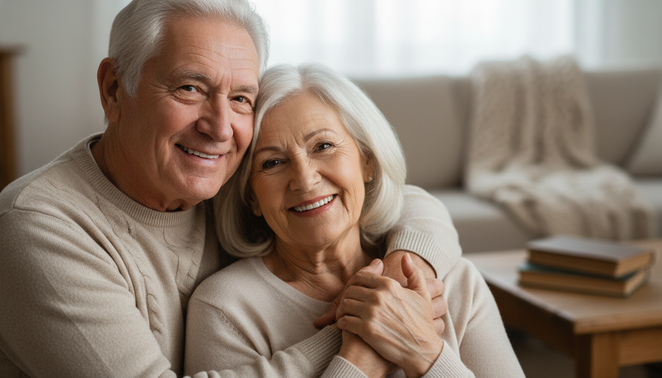 AI old age generator portrait of a happy elderly couple in their 70s with gray hair embracing warmly