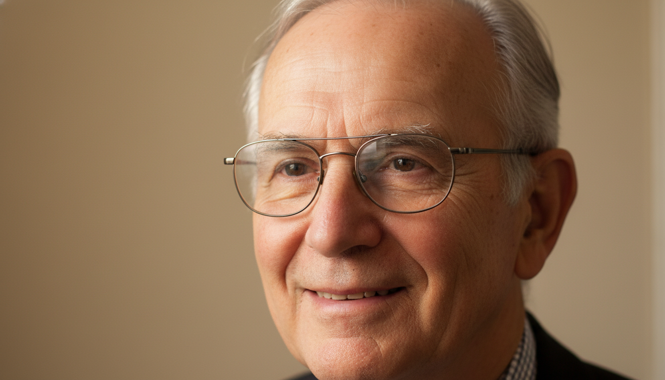 Realistic aged future-self preview of an older man in his early 60s with gray hair and reading glasses by the AI old age generator
