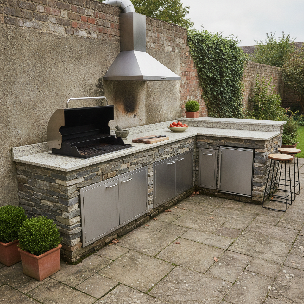 AI outdoor kitchen design generator result: an L-shaped grill island faced in dry-stacked grey stone with a pale granite worktop, a built-in gas barbecue with its lid propped open over soot-blackened bars, a stainless extraction hood on the rendered wall above it with a grease shadow behind, brushed stainless doors below and two stools at the return end.