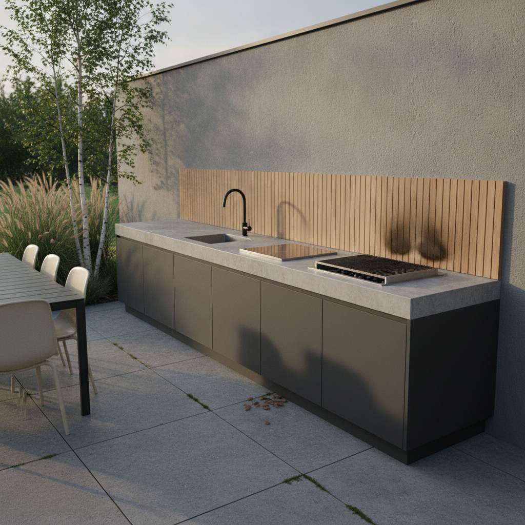 AI outdoor kitchen design generator result: a modern straight run of matt charcoal handleless cabinets on a recessed plinth under a single poured concrete worktop, with an inset sink, a tall matt black tap, a flat hob plate and a charcoal grill, a vertical cedar slat splashback on a grey rendered wall and ornamental grasses at the end.