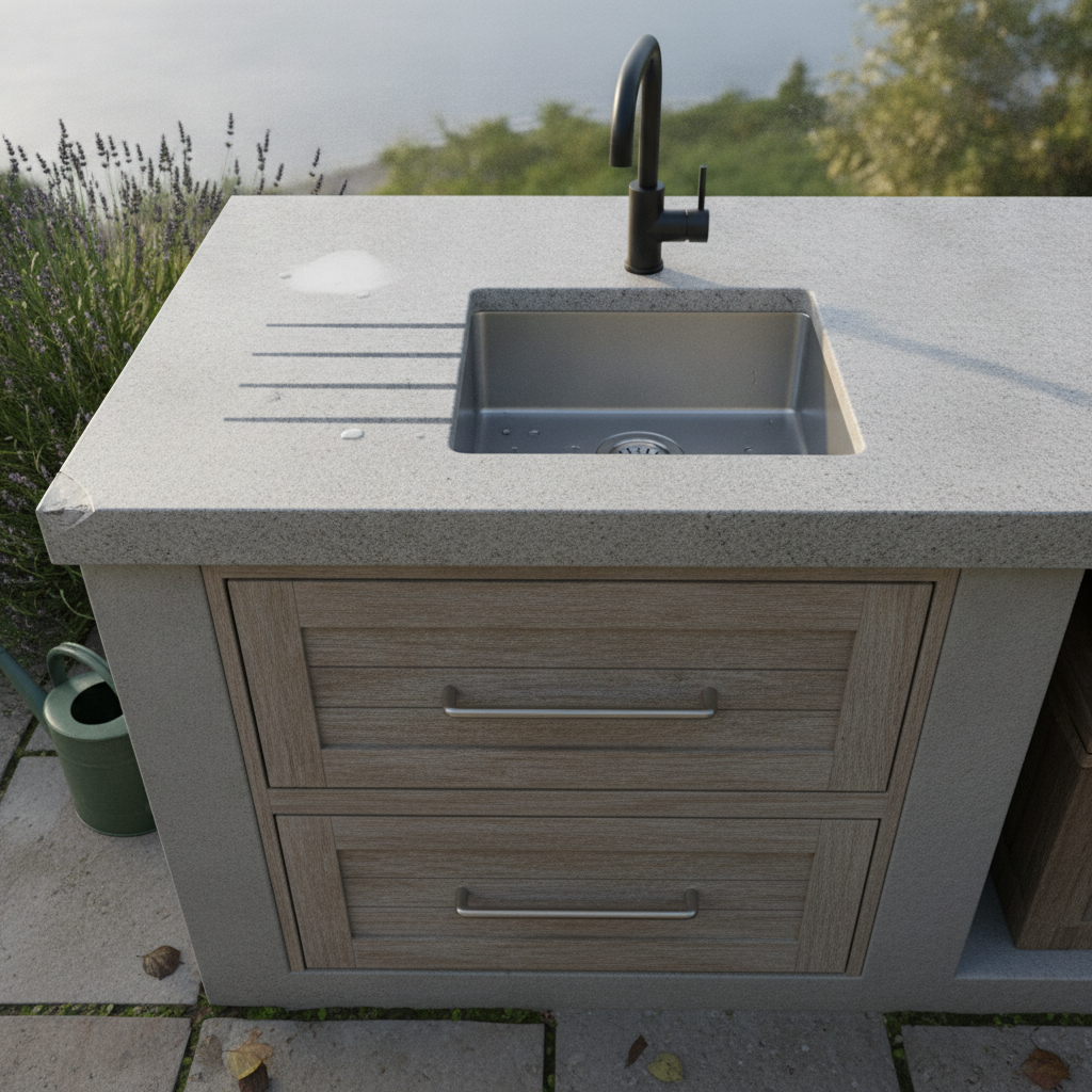 AI outdoor kitchen design generator result: a close detail of an outdoor kitchen worktop corner, with a brushed stainless sink set into pale speckled granite, a matt black tap arching over the bowl, drainer grooves cut into the stone, two weathered timber drawer fronts below with slim bar handles and lavender and a green watering can beyond.