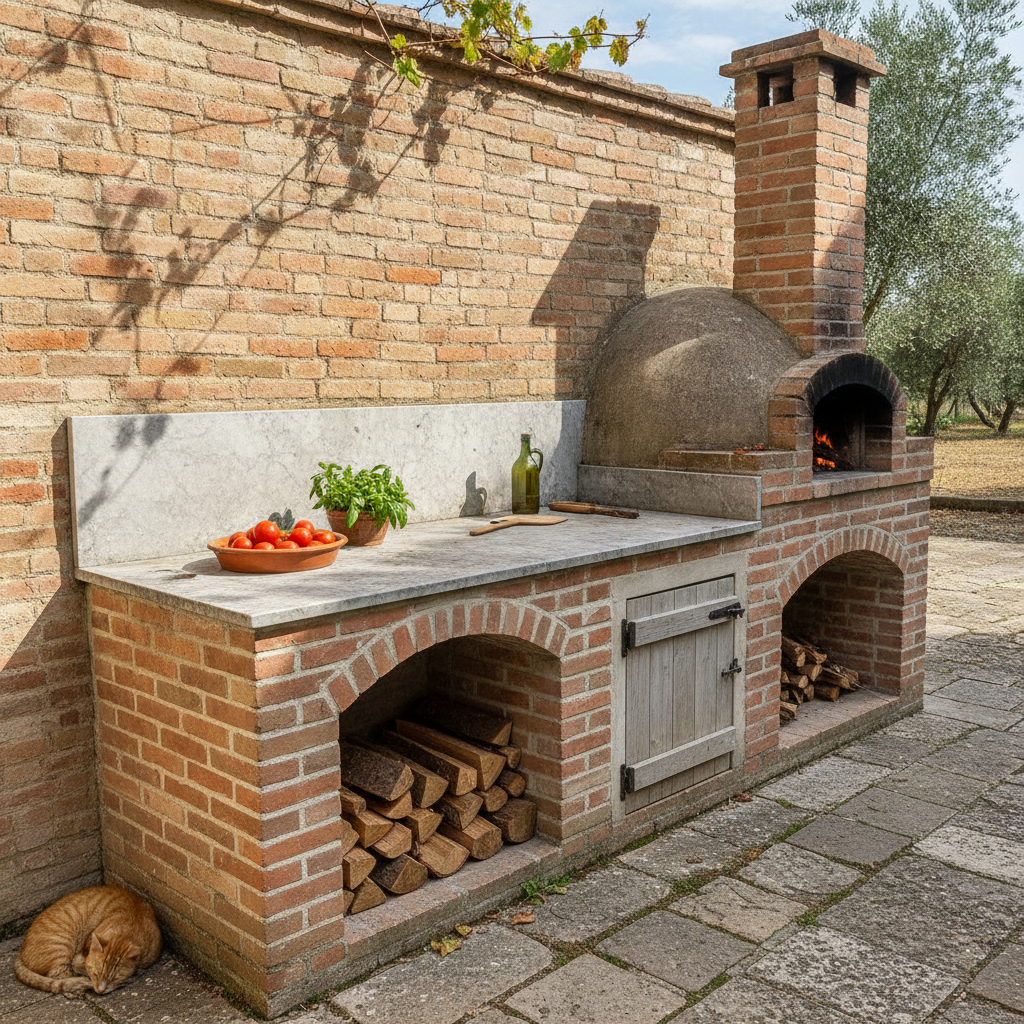 AI outdoor kitchen design generator result: a rustic outdoor kitchen of old orange-red brick with a worn grey marble worktop, a rendered domed wood-fired pizza oven with a fire burning inside its low black arch, a brick chimney rising past the courtyard wall, arched log stores below and a ginger cat asleep in the shade.