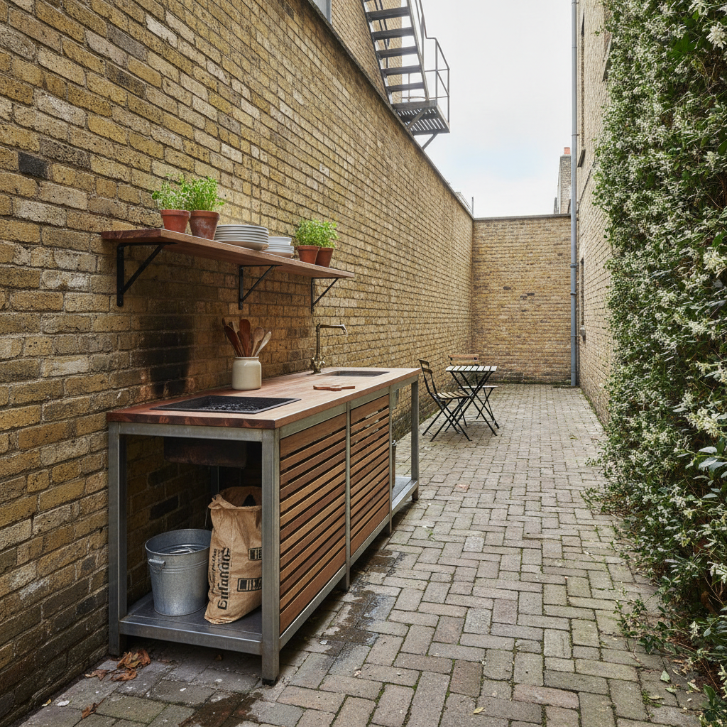 AI outdoor kitchen design generator result: a compact outdoor kitchen in a narrow brick-walled city courtyard, built as a steel-framed unit with an oiled timber worktop, an inset charcoal grill, a small sink with a brass tap, slatted timber doors, a galvanised bucket and charcoal sack on the shelf below and a bistro table further down the courtyard.