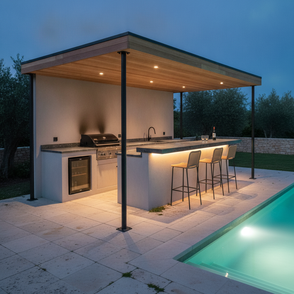 AI outdoor kitchen design generator result: a covered poolside outdoor kitchen at blue dusk, with a cedar-slatted flat roof on slim black steel posts, a rendered run with a built-in grill and drinks cabinet, a dark stone bar counter lit by concealed strip lighting under its overhang and three stools tucked beneath it beside a lit turquoise pool.