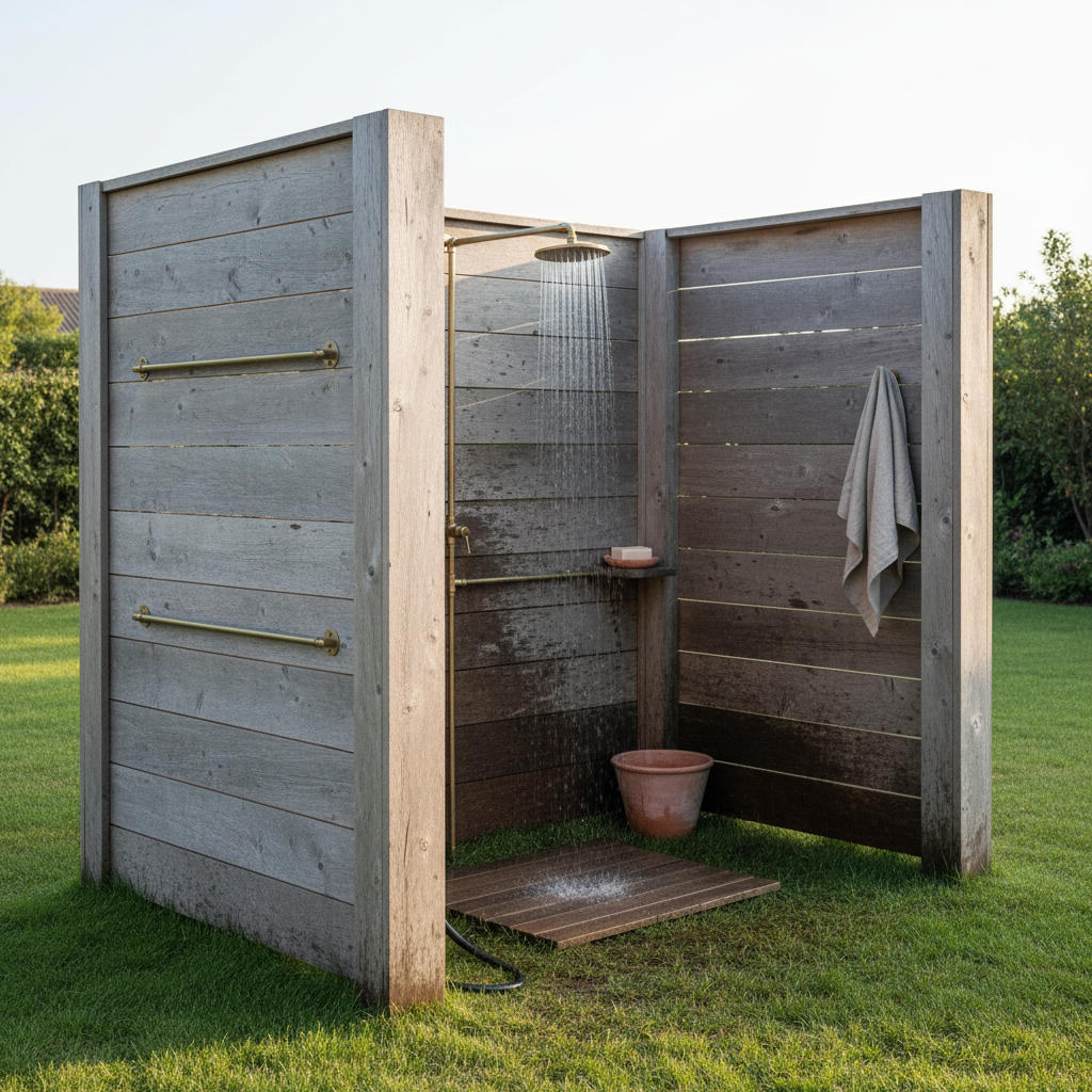 AI outdoor shower design generator result: a three-sided weathered silver-grey cedar screen on mown grass with a brass shower running onto a cedar duckboard, algae blotching the back boards below the head and a plain linen towel hanging on the far wall.