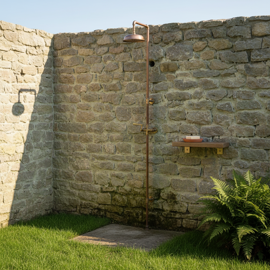 AI outdoor shower design generator result: a dull brown copper shower with green verdigris on a full-height lime-washed stone wall, a soap bar in a terracotta dish on an oak shelf carried by two brass brackets, ferns and a stone slab set into the grass.