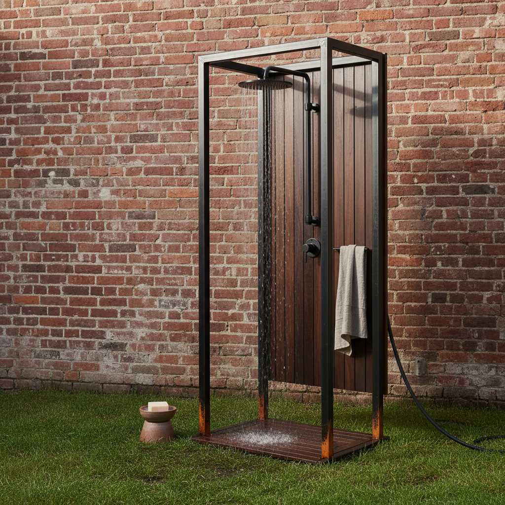 AI outdoor shower design generator result: a matt black square-tube steel shower frame with an oiled dark hardwood slatted back, running water falling onto a hardwood duckboard, all four steel foot plates rusted orange-brown where they meet the grass, against old red brick.