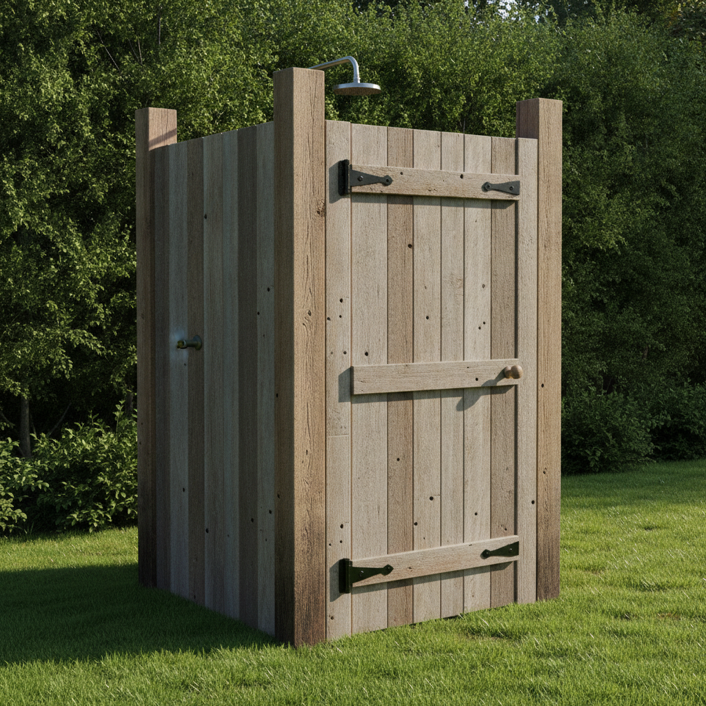 AI outdoor shower design generator result: a tall four-sided timber shower cubicle on mown grass with its plank door shut and hung on black iron strap hinges, a plain turned wooden knob, and a galvanised showerhead bent forward above the back wall.