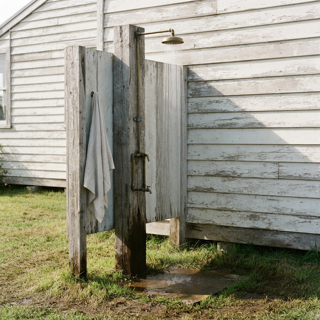 AI outdoor shower design generator result: a brass shower running on a weathered silver-grey oak post against flaking white-painted shiplap, water falling onto a stone slab set into the grass, the post foot stained dark and the grass around it worn to mud.