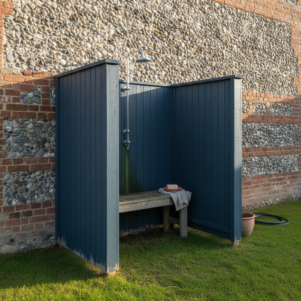 AI outdoor shower design generator result: a three-sided deep slate blue tongue-and-groove shower cubicle with painted cappings on both side walls, a grey pine bench, a soap bar in a terracotta dish, and the paint chipped back to bare timber at the foot, against a knapped flint and brick wall.