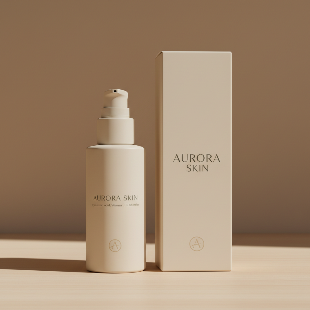 AI packaging design generator concept for a minimalist skincare brand: cream glass serum bottle beside its matching folding carton with a thin sans-serif wordmark