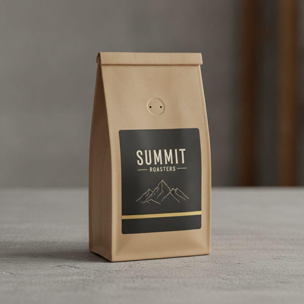 Coffee bag packaging design concept: kraft stand-up pouch with a matte black label panel, vintage roastery typography, line-drawn mountain mark and gold foil stripe