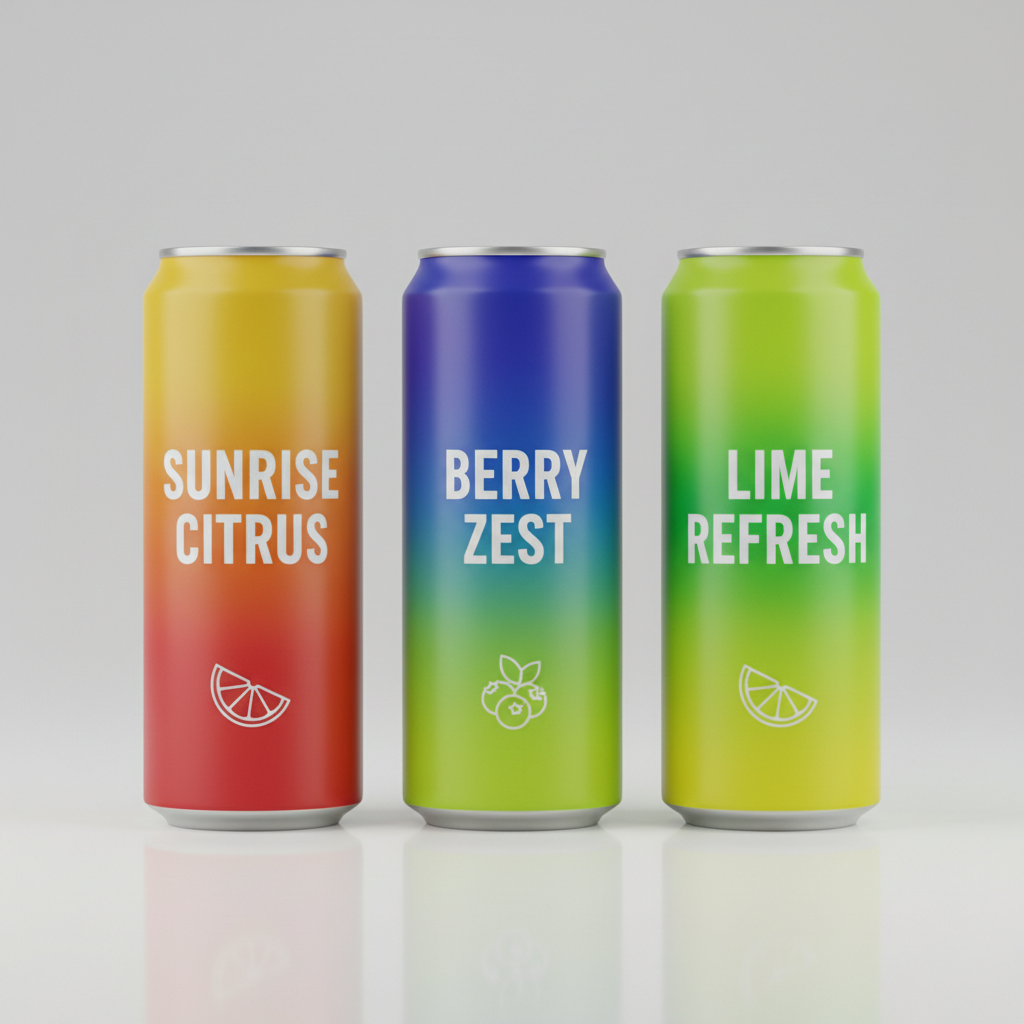 Beverage can packaging design set of three slim cans with citrus, berry and lime gradient labels and legible flavour names in geometric type