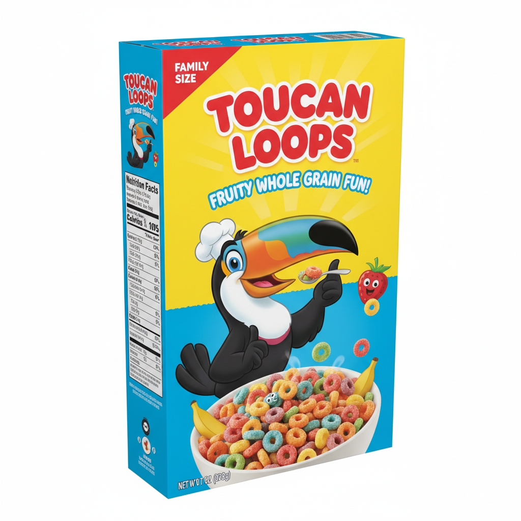Food packaging design for a family cereal carton with a cartoon mascot, bold rounded display type, bright color blocking and a side nutrition panel