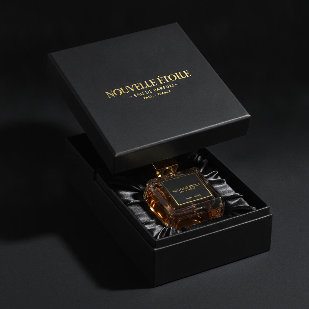 Luxury perfume packaging design: matte black rigid gift box with gold foil embossed serif lettering, lid lifted to reveal a faceted glass bottle on black satin