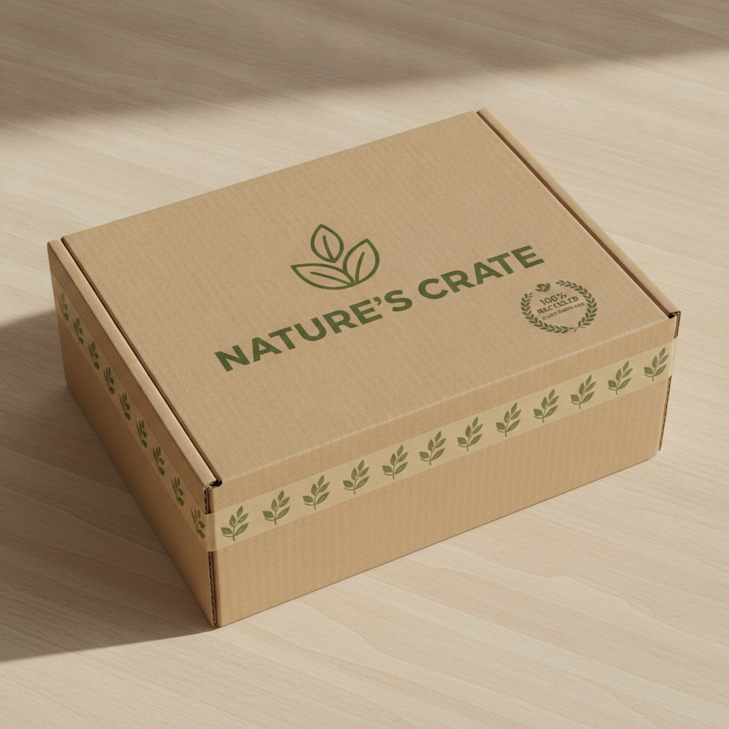 Sustainable eco packaging design: recycled kraft shipping box with single-color green plant-based ink printing, leaf logo and a 100% recycled seal
