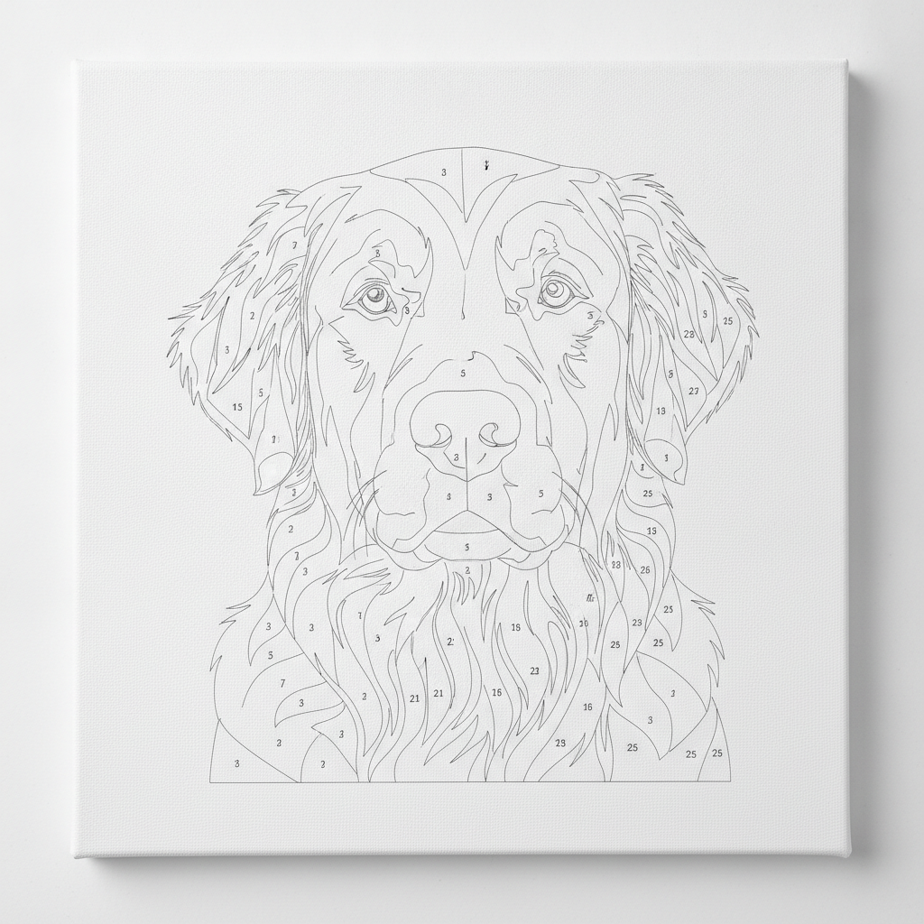 AI paint by numbers generator result: a golden retriever portrait posterized into outlined regions on a white canvas board, with small printed numbers scattered through the ears, muzzle and chest. The likeness and the tonal reduction are both right, and the numbers are legible. What is wrong is the line weight and the fur: the outlines are hairline grey rather than solid black, and the coat is drawn as individual strands, so a lot of what looks like regions are open slivers narrower than any brush