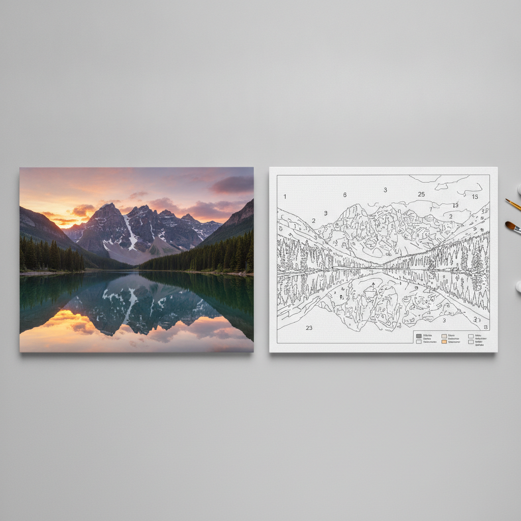 A two-panel comparison on a grey desk: the source photograph of a mountain lake at sunset on the left, the same scene converted into a numbered outline template on the right, with brushes and paint pots at the edge of frame. The conversion holds its composition — sky bands, ridge line, tree mass and reflection all survive — but two flaws show. The printed colour legend in the bottom corner is pseudo-lettering rather than real colour names, and whole areas of sky and water carry no number at all