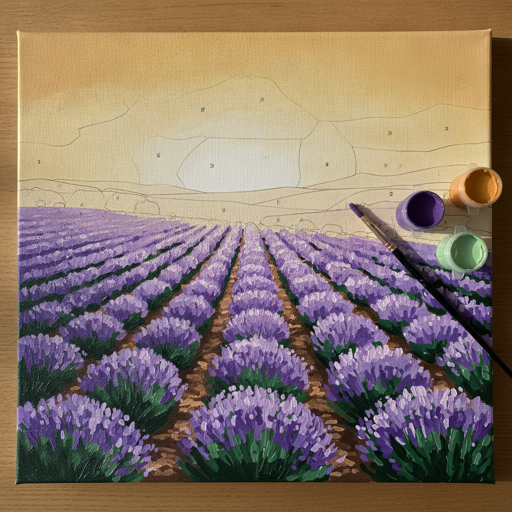 A half-finished paint by numbers canvas of a lavender field on a wooden table: the lower two thirds filled in with flat purple and green acrylic, the top third still blank with faint outlines and numbers across the sky and hills, paint pots and a brush resting on the canvas edge. The strongest frame of the six and the one closest to a usable listing photo. The one inconsistency is that the painted half carries brush texture and highlight flecks that the flat numbered regions above it could never produce