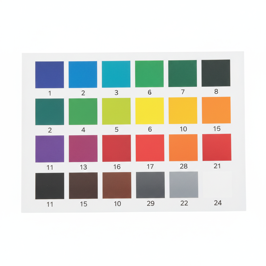 A numbered acrylic paint legend for a paint by numbers kit: twenty-four flat colour swatches in a grid on white card, each with a printed number beneath it. The digits here are the crispest in the set — and the indexing is still wrong. Numbers 2, 6, 10, 11 and 15 each appear twice on different colours, and 9, 12 and 14 are missing entirely. This is the clearest illustration on the page of why a render is a design rather than a manufacturing file