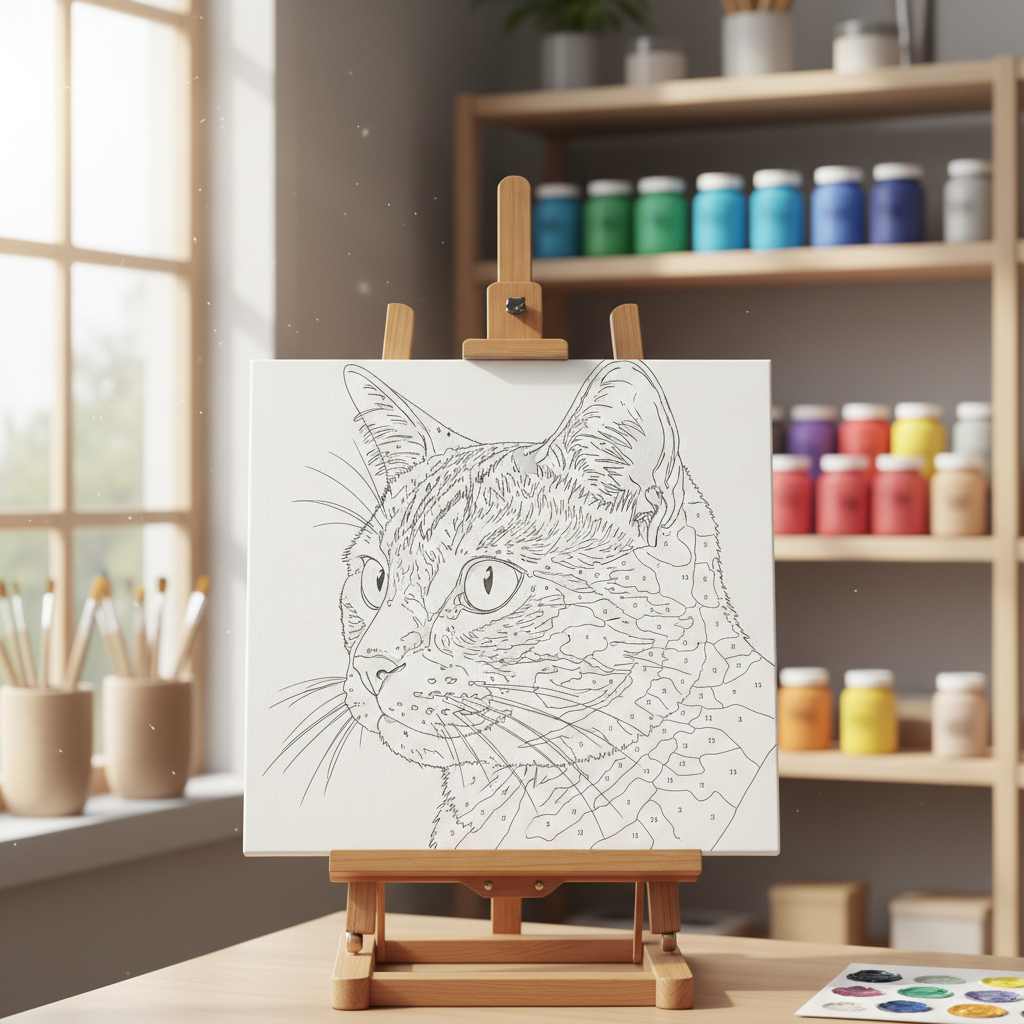 A paint by numbers outline template of a tabby cat on a wooden easel in a bright craft room, with shelves of paint jars blurred behind it. The staging is convincing enough to use as a product shot, but the template is the weakest of the six: whiskers and fur are open lines that never close into regions, and the numbering is lopsided, with the right side of the face packed with tiny digits while the left half carries almost none