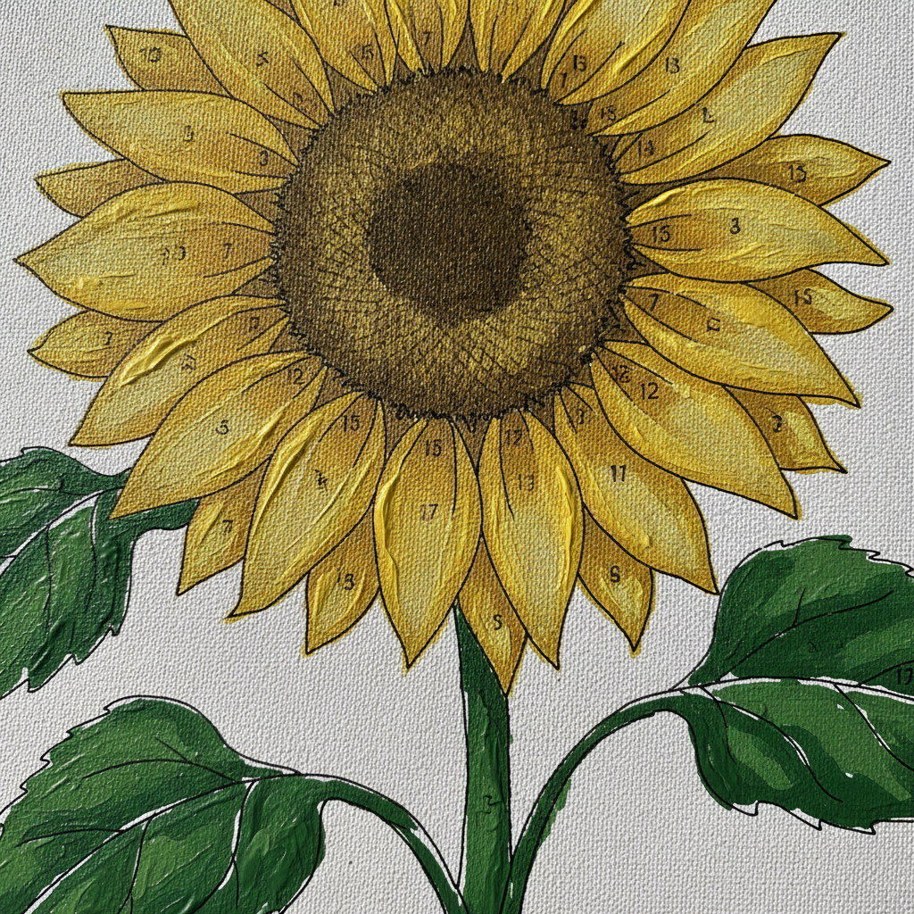 A macro close-up of a paint by numbers canvas showing a sunflower with thick yellow petals and green leaves already painted, small numbers still visible printed across the petals. Useful for seeing how region edges and paint meet at close range, though it has drifted past the brief: it is a finished painting with numbers left showing rather than a template being filled in, and a real kit hides those digits under the paint