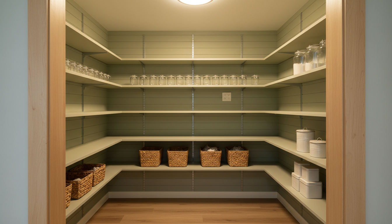 AI pantry design generator result: a walk in pantry with sage green tongue and groove walls, cream shelving running in a U shape around three walls on slotted metal standards, a row of glass jars at eye level, woven baskets and plain tins on the lower shelves, a light oak floor and one flush ceiling light. This is the cleanest frame in the set, entirely free of text, and it even draws an electrical receptacle on the back wall, which almost no room render ever does. What it does not draw is a single bracket. The slotted standards run down the walls exactly as specified and every shelf passes straight through them and floats, carried by nothing, including the deep bottom shelves that cantilever out over the floor. Sixteen jars asked for in graduated sizes arrived as sixteen identical jars, and the shelf spacing asked to increase toward the floor came back evenly divided.