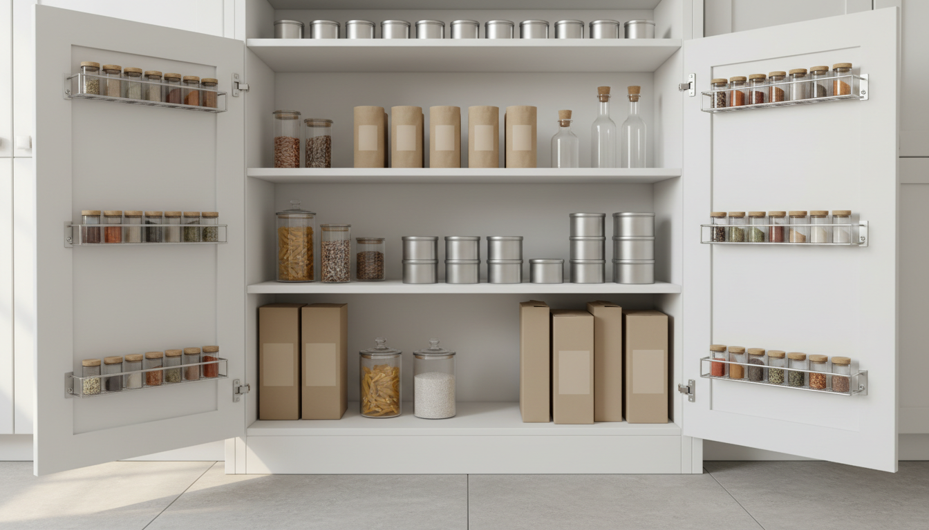 AI pantry design generator result: a shallow reach in cupboard pantry photographed square on with both doors swung fully open, white melamine shelves holding plain tins, kraft packets and clear canisters, and wire spice racks fixed to the back of each door. Every container in this frame is genuinely blank, which is the whole point of the set. The room got the one thing that matters right, which is that the carcass is shallow enough that nothing hides behind anything, and the bottom gap really is the tallest. Then the details drift. One spice rack per door was asked for and three arrived on each, in mirrored pairs holding identical jars. Tins asked to stand two deep are stacked two and three high in the same row. And both doors are perfectly blank slabs with no handle anywhere on them, on a cupboard whose entire function is being opened.