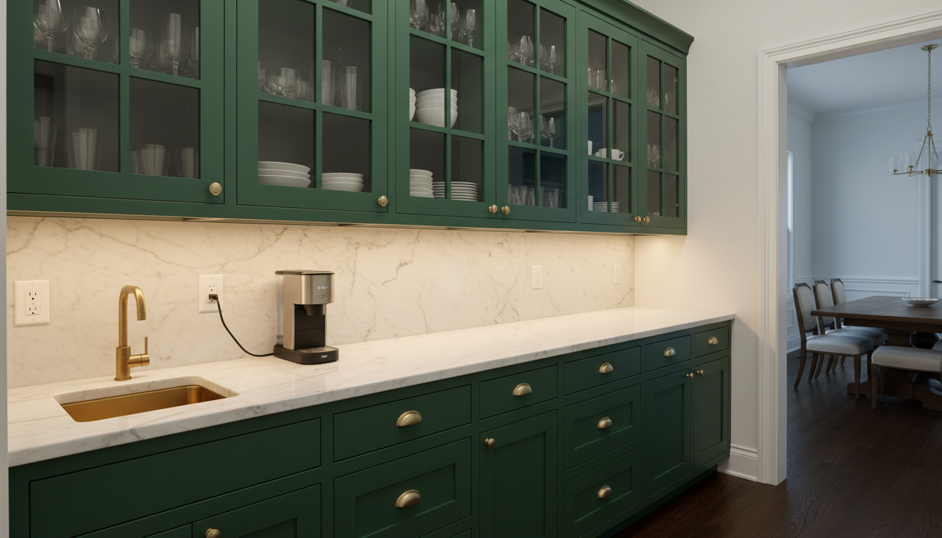 AI pantry design generator result: a butlers pantry corridor in dark green shaker cabinetry with a honed white marble worktop and splashback, glass fronted uppers holding plain glassware and stacked white china, brass cup handles, warm under cabinet strip lighting, a small brass tap over an undermount prep sink and a dining room glimpsed through a cased opening at the end. This is the most saleable image on the page and the only one that leaked text: the coffee machine carries two rows of garbled invented lettering on its body and a smudged badge on the drip tray, and it also has no spout, no brew head and no cup under it. It is worth knowing why it leaked. The negative prompt named jars, tins, boxes, packets and bottles and every one of those came back blank across all six frames. It did not name appliances. It also gets two rare things right, a real power cord run from the machine to a real receptacle, and four receptacles in the splashback, though they sit at two different heights.